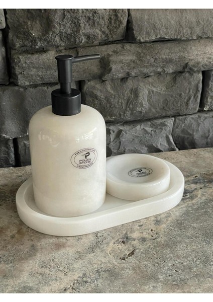Beyaz Mermer Sıvı Sabunluk, Oval Tepsi. Katı Sabunluk 3'lü Set Siyah Aksesuarlı modelleri