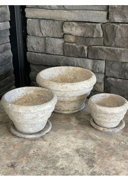 Silver Traverten Doğal Taş 3,lü Saksı