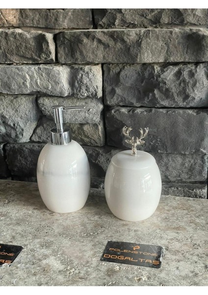 Elips Model Mermer Sıvı Sabunluk ve Kapaklı Pamukluk 2'li Set