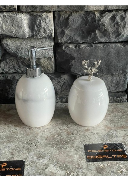 Elips Model Mermer Sıvı Sabunluk ve Kapaklı Pamukluk 2'li Set modelleri