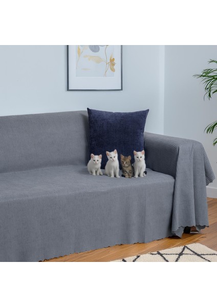Mikrofiber Şönil Fitilli Minimalist Koltuk Örtüsü -175 x 350 cm x large, Çift Taraflı, Kaymaz, Terletmez Gri