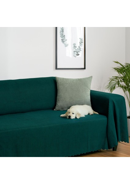 Mikrofiber Şönil Fitilli Minimalist Koltuk Örtüsü -175 x 350 cm x large, Çift Taraflı, Kaymaz, Terletmez Zümrüt
