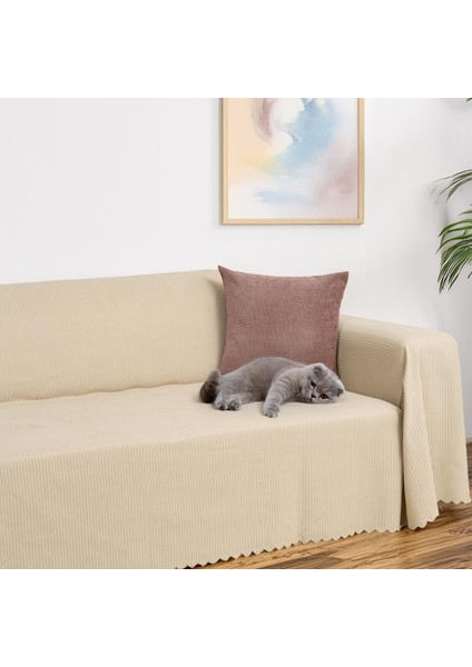 Mikrofiber Şönil Fitilli Minimalist Koltuk Örtüsü -175 x 350 cm x large, Çift Taraflı, Kaymaz, Terletmez Bej