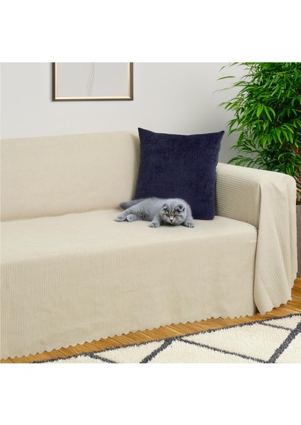 Mikrofiber Şönil Fitilli Minimalist Koltuk Örtüsü -175 x 350 cm x large, Çift Taraflı, Kaymaz, Terletmez Camel