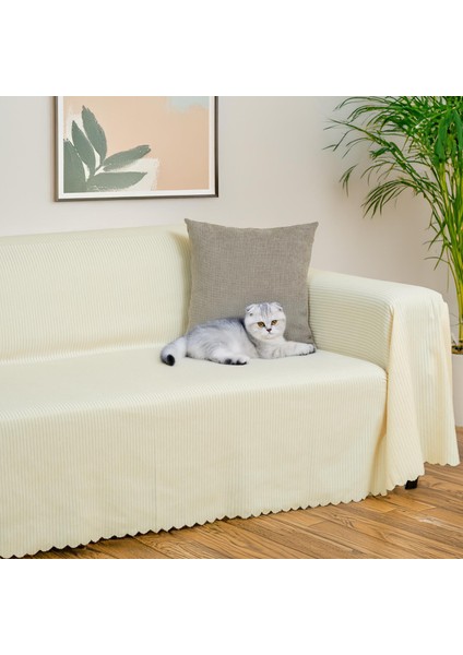 Mikrofiber Şönil Fitilli Minimalist Koltuk Örtüsü -175 x 350 cm x large, Çift Taraflı, Kaymaz, Terletmez Ekru