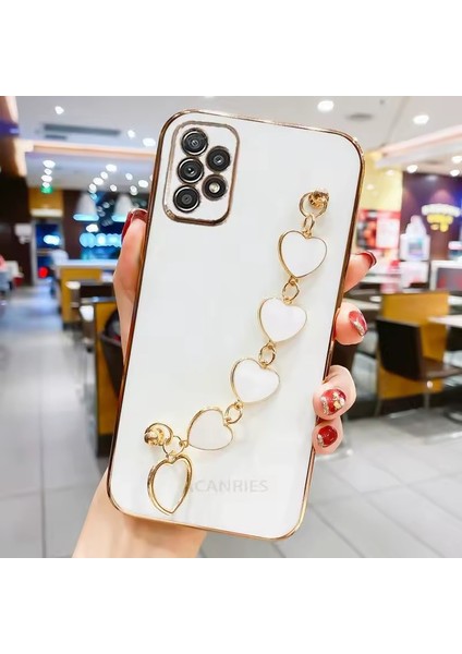 Samsung Galaxy A52 Uyumlu Parlak Gold Kalpli Zincirli Kamera Korumalı Kılıf