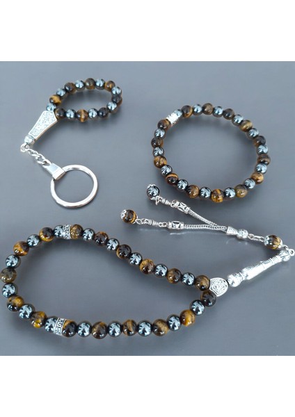 Doğal Taş Bileklik - Doğal Taş Tesbih - Doğal Taş Anahtarlık - 3 Adet Hematit Kaplan Gözü Taşı Seti