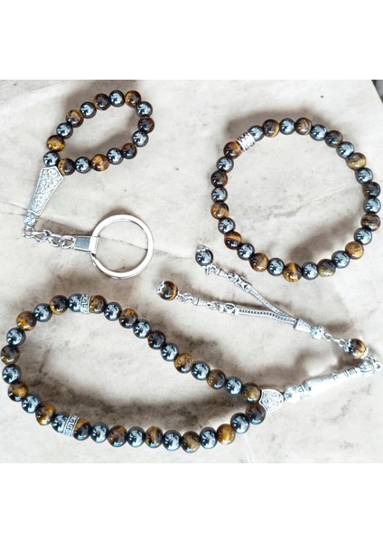 Doğal Taş Bileklik - Doğal Taş Tesbih - Doğal Taş Anahtarlık - 3 Adet Hematit Kaplan Gözü Taşı Seti modelleri