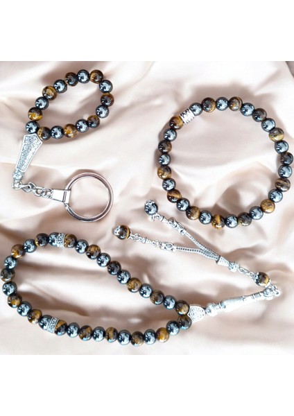 Doğal Taş Bileklik - Doğal Taş Tesbih - Doğal Taş Anahtarlık - 3 Adet Hematit Kaplan Gözü Taşı Seti indirimleri