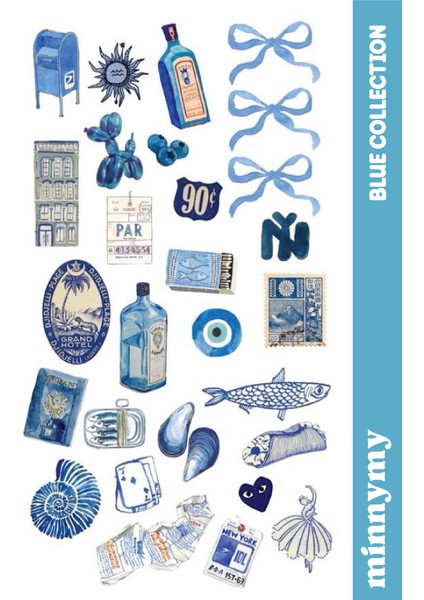 Blue Collection Retro Sticker, Çıkartma, Ajanda, Günlük, Planlayıcı, Bullet Journal ,scrapbook