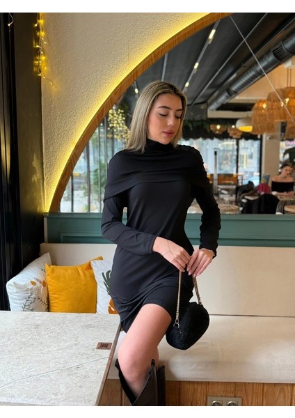 Kadın Uzun Kollu Balıkçı Yaka Omuz Katlamalı Dalgıç Kısa Elbise