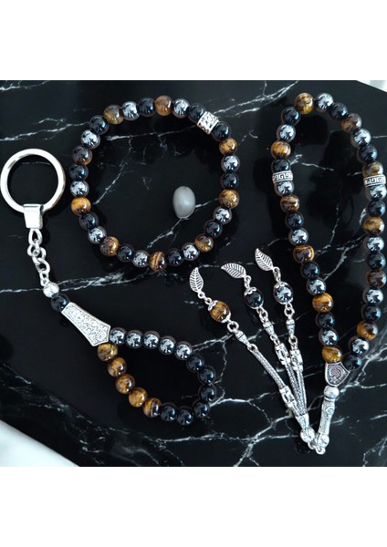 Doğal Taş Bileklik - Doğal Taş Tesbih - Doğal Taş Anahtarlık - 3 Adet Kaplan Gözü Hematit Oniks Taşı Seti