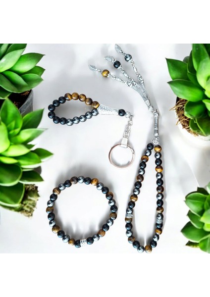 Doğal Taş Bileklik - Doğal Taş Tesbih - Doğal Taş Anahtarlık - 3 Adet Kaplan Gözü Hematit Oniks Taşı Seti fiyatları