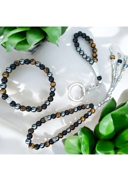 Doğal Taş Bileklik - Doğal Taş Tesbih - Doğal Taş Anahtarlık - 3 Adet Kaplan Gözü Hematit Oniks Taşı Seti modelleri
