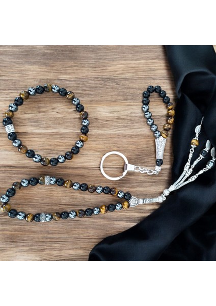 Doğal Taş Bileklik - Doğal Taş Tesbih - Doğal Taş Anahtarlık - 3 Adet Kaplan Gözü Hematit Oniks Taşı Seti fırsatları