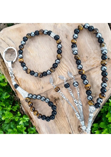 Doğal Taş Bileklik - Doğal Taş Tesbih - Doğal Taş Anahtarlık - 3 Adet Kaplan Gözü Hematit Oniks Taşı Seti indirimleri
