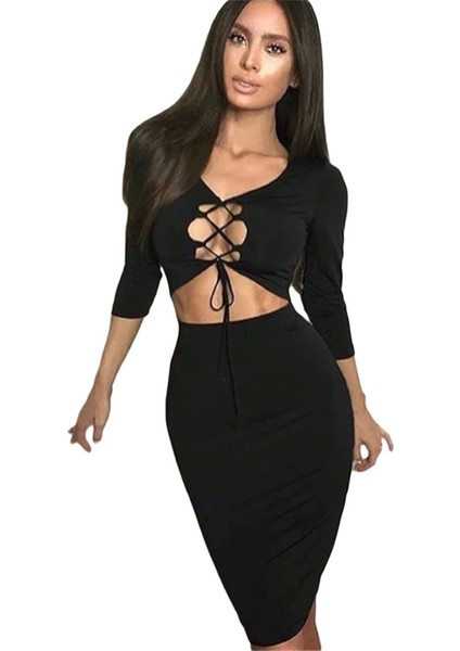 B101396 Ön Kısmı Bağcıklı Tek Parça Elbise