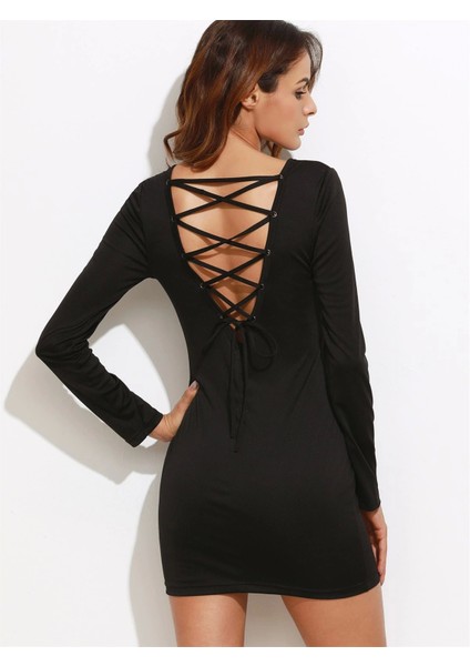 B101321 Sırt Dekolteli Uzun Kollu Mini Elbise