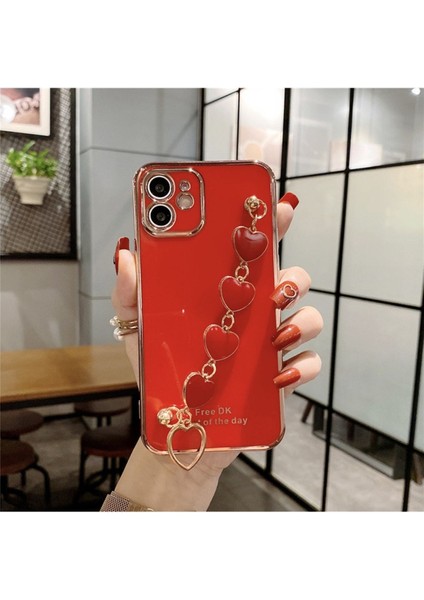 Samsung Galaxy A72 Uyumlu Parlak Gold Kalpli Zincirli Kamera Korumalı Kılıf