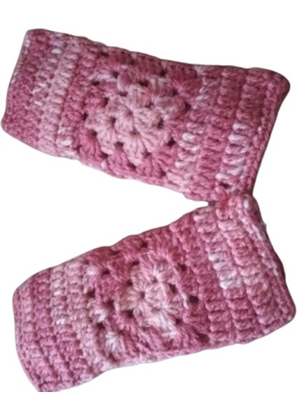 El Örgüsü Parmaksız Lastikli Pudra Pembe Motifli Eldiven