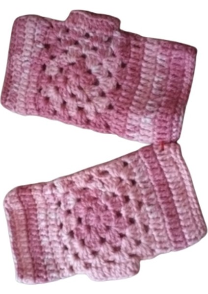 El Örgüsü Parmaksız Lastikli Pudra Pembe Motifli Eldiven