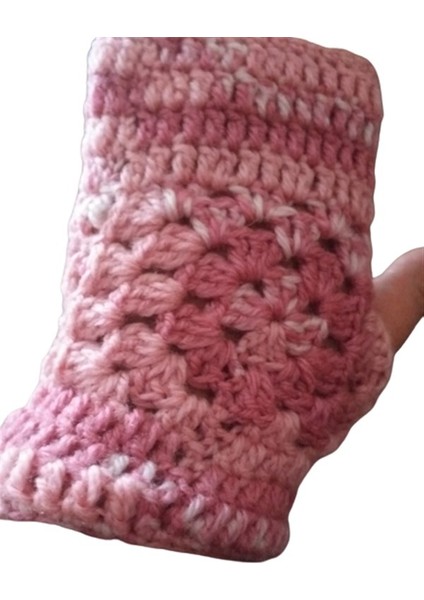 El Örgüsü Parmaksız Lastikli Pudra Pembe Motifli Eldiven