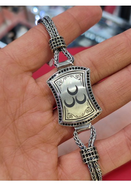 925 Ayar Gümüş Üç Hilalli El Yapımı Hasır Bileklik, Üç Hilal Erkek Bileklik fırsatları