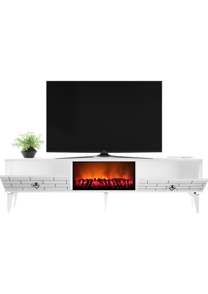 Volcanos Şömineli Tv Sehpası Tv Ünitesi Beyaz
