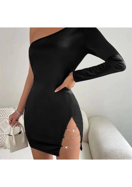 Bayan Asimetrik Halkalı Mini Elbise