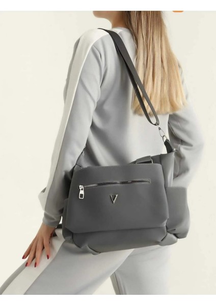 Kadın Çok Bölmeli Gri El ve Omuz Çantası