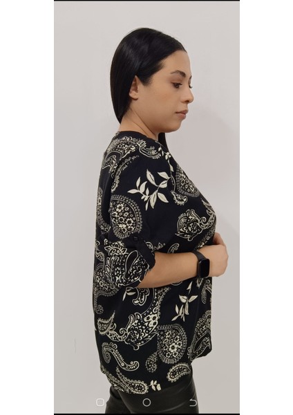 Büyük Beden Jessica Pamuk Polyester Kumaş Katlanabilir Kollu Yakasız Şal Desenli Anne Gömlek fiyatları