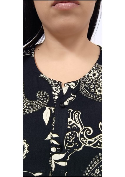 Büyük Beden Jessica Pamuk Polyester Kumaş Katlanabilir Kollu Yakasız Şal Desenli Anne Gömlek modelleri