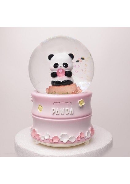 Dekoratif Pembe Panda Işıklı Müzikli Püskürtmeli Büyük Boy Kar Küresi
