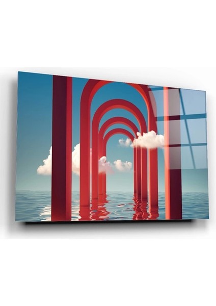 Deniz Üstü Kırmızı Katlı Kapılar Manzara Cam Tablo fiyatları