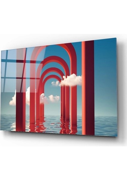 Deniz Üstü Kırmızı Katlı Kapılar Manzara Cam Tablo modelleri