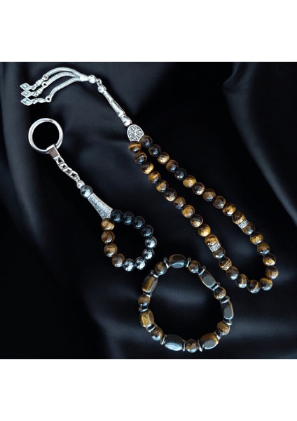 Kaplan Gözü Tesbih - Kaplan Gözü Bileklik - Kaplan Gözü Anahtarlık 3 Adet Hediye Seti