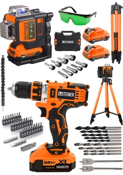 Alman 58 Vf Çift Akülü 12 Köşe Otomatik Hizalamalı Lazer Hizalama + Şarjlı Vidalama Matkap + Tripod