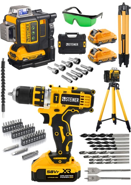 Alman 58 Vf Çift Akülü 12 Köşe Otomatik Hizalamalı Lazer Hizalama + Şarjlı Vidalama Matkap + Tripod