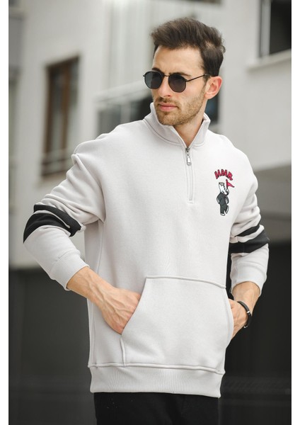 Babar Üç Iplik Şardonlu Nakışlı Fermuarlı Dik Yaka Oversize Erkek Sweatshirt