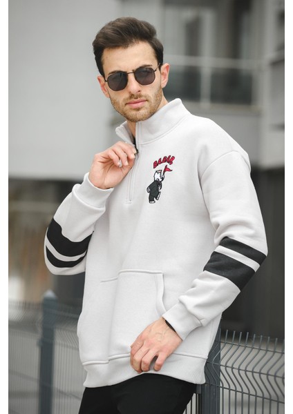 Babar Üç Iplik Şardonlu Nakışlı Fermuarlı Dik Yaka Oversize Erkek Sweatshirt fiyatları