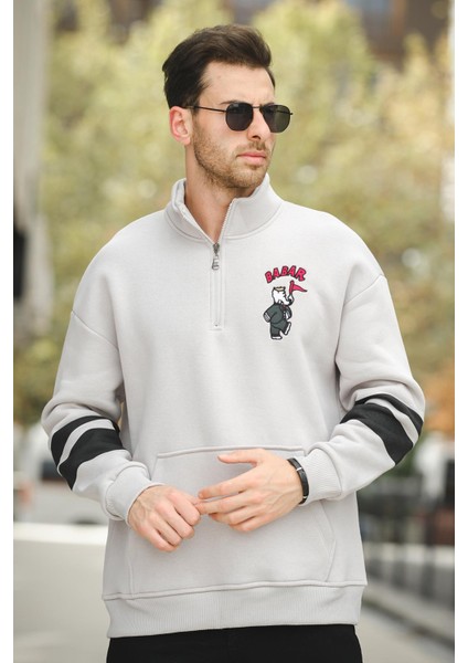 Babar Üç Iplik Şardonlu Nakışlı Fermuarlı Dik Yaka Oversize Erkek Sweatshirt modelleri
