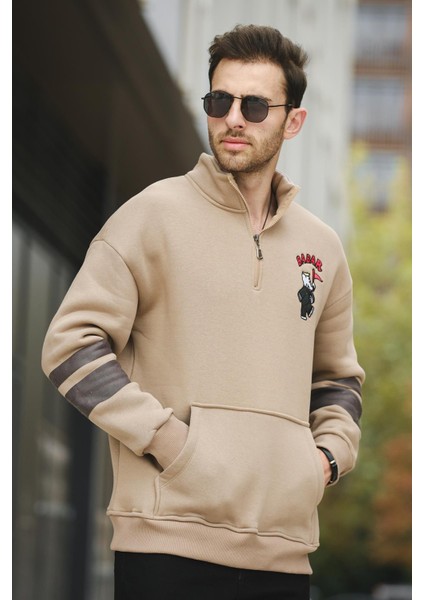 Babar Üç Iplik Şardonlu Nakışlı Fermuarlı Dik Yaka Oversize Erkek Sweatshirt