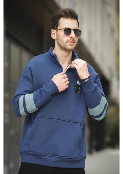 Babar Üç Iplik Şardonlu Nakışlı Fermuarlı Dik Yaka Oversize Erkek Sweatshirt