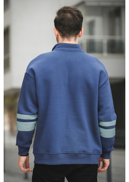 Babar Üç Iplik Şardonlu Nakışlı Fermuarlı Dik Yaka Oversize Erkek Sweatshirt