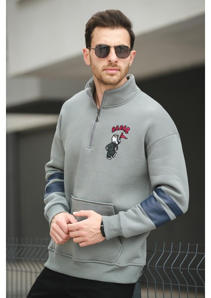 Babar Üç Iplik Şardonlu Nakışlı Fermuarlı Dik Yaka Oversize Erkek Sweatshirt