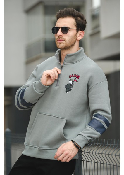 Babar Üç Iplik Şardonlu Nakışlı Fermuarlı Dik Yaka Oversize Erkek Sweatshirt fiyatları