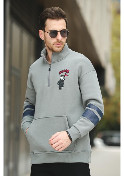 Babar Üç Iplik Şardonlu Nakışlı Fermuarlı Dik Yaka Oversize Erkek Sweatshirt modelleri