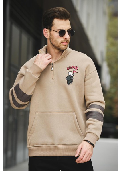 Babar Üç Iplik Şardonlu Nakışlı Fermuarlı Dik Yaka Oversize Erkek Sweatshirt