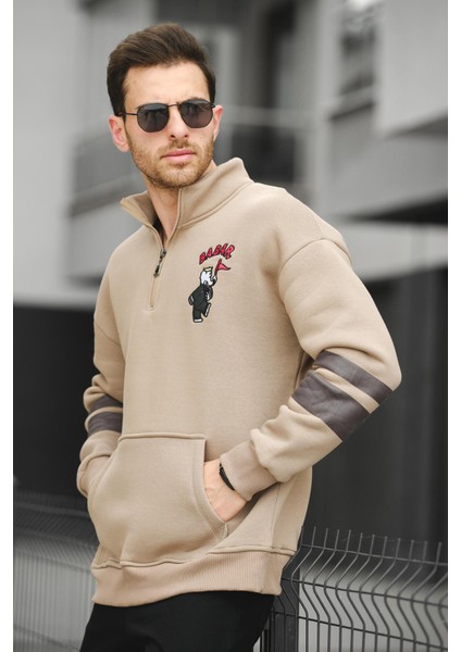 Babar Üç Iplik Şardonlu Nakışlı Fermuarlı Dik Yaka Oversize Erkek Sweatshirt