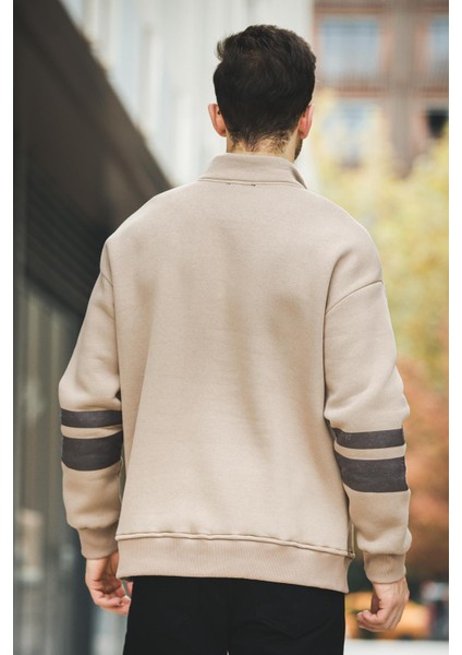 Babar Üç Iplik Şardonlu Nakışlı Fermuarlı Dik Yaka Oversize Erkek Sweatshirt